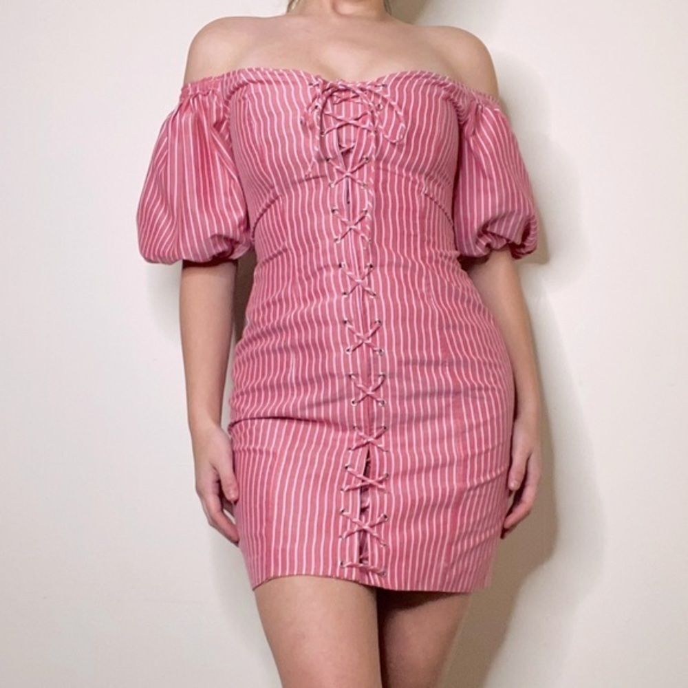 WAYF Corset Red Striped Puff Sleeve Off Shoulder Mini Dress